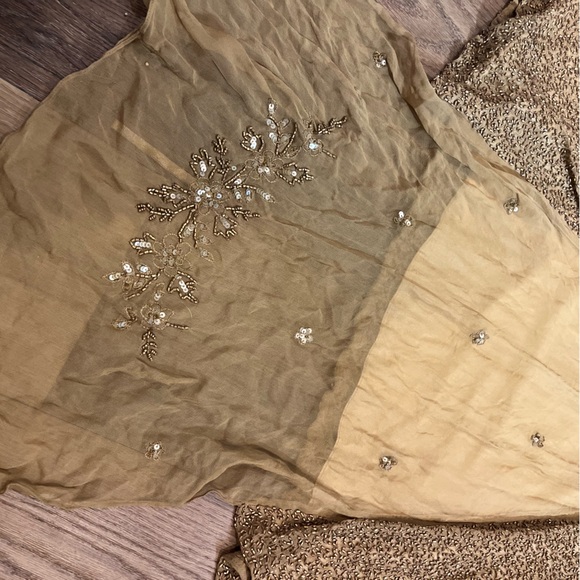 Vintage 100% Silk Beaded Dress Gold Beaded Dress Train Sheer Silk Fairy Prom - Picture 17 of 17